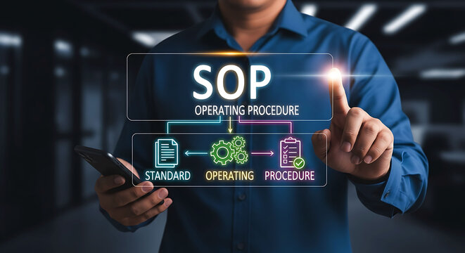 Standard operating procedure concept with businessman touching virtual SOP screen