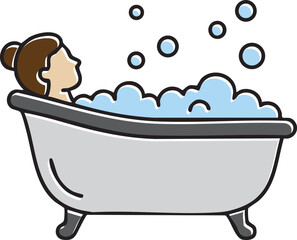 Naklejka premium Minimalist Woman Relaxing in Bathtub with Bubbles and Foam for Personal Hygiene Self-Care Ritual and Mental Wellness Concept