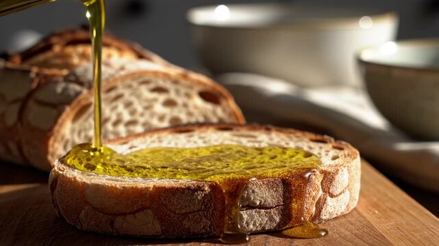 Toasted Sourdough Bread with Pouring Olive Oil and Copy Space