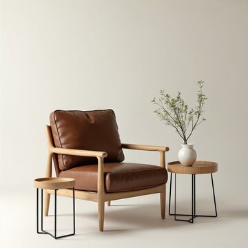 Brown leather armchair with wooden frame next to side tables. Minimalist interior design. Comfortable seat for relaxation. Home decor inspiration.