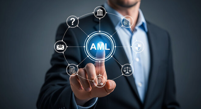 AML Anti Money Laundering compliance and financial regulation concept icons
