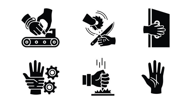 Industrial safety icons depicting hand injuries and workplace hazards