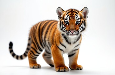 Obraz premium Tiny tiger cub with blue eyes stands on white background. Young big cat has black stripes and orange fur. Cute predator looks directly at camera.
