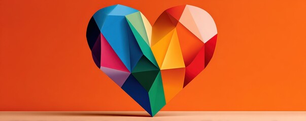 Fototapeta premium Colorful low-poly heart with LGBTQ pride colors on vibrant orange background celebrating love and diversity