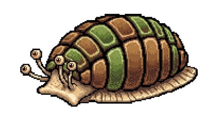 Fototapeta premium Pixel art rendering depicts a shelled creature with multiple eyestalks moving slowly across a surface