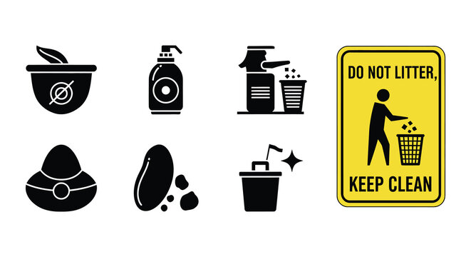 Icons depicting waste disposal cleaning and a do not litter sign