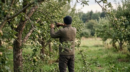 Man pruning an apple tree with small green fruits in an orchard on a cloudy day © Muktalal
