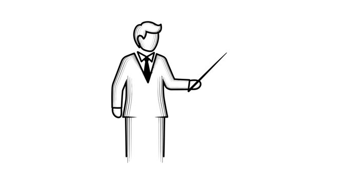 Businessman Presenting with Pointer Stick, Stick Figure Style, White Background
