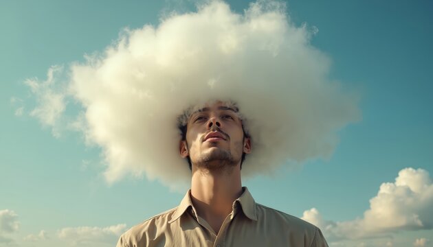Man with cloud over head looks up. Person mind is full of ideas, thoughts, and imagination. He is in state of deep contemplation or daydreaming. Calm expression, peaceful mood, open sky background.