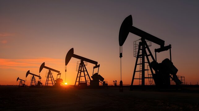 Silhouette Of Oil Pumpjacks At Sunset With Dramatic Sky Industrial Energy Production Scene Clean And Realistic Composition