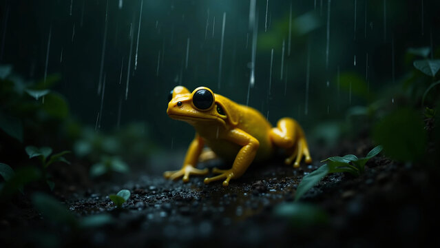 Vibrant Yellow Tree Frog in Tropical Rainforest Rain, Exotic Poison Dart Frog Species on Jungle Floor, Biodiversity and Environmental Conservation Concept