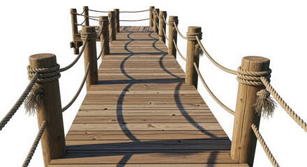 Obraz premium Wooden boardwalk pier with rope railings for lake or harbor isolated on transparent background