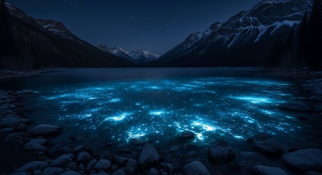 Glowing blue water mountain landscape