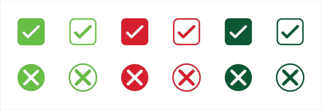 Check tick mark icon set. check box icon with right and wrong buttons and yes or no checkmark icons in green tick box and red cross. vector illustration