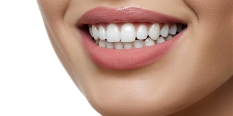 Beautiful smile of a young woman with straight, snow‑white teeth on a white background with copy space for advertising dental clinics and oral care products