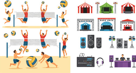 Beach volleyball players jumping and spiking at the net alongside music festival stage icons concert sound speakers and dj equipment for summer event design, © mstLilima