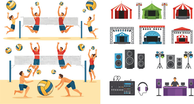 Beach volleyball players jumping and spiking at the net alongside music festival stage icons concert sound speakers and dj equipment for summer event design,