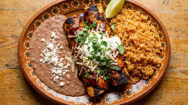 Grilled chicken breast served with refried beans, Spanish rice, and a lime wedge on a rustic terracotta plate.