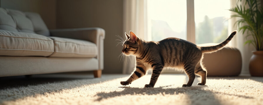 Tabby cat walks across fluffy carpet in bright sunlight near sofa. Domestic animal explores living room floor near window. Pet enjoys calm morning light.