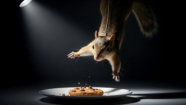 A squirrel jumping for a chocolate chip cookie