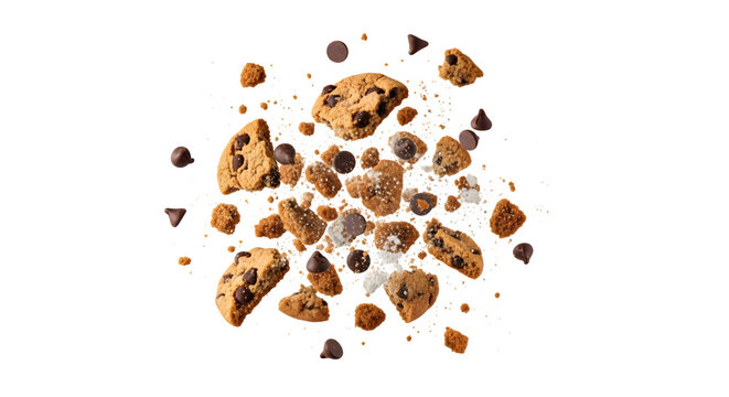 A vibrant explosion of cookie pieces against a dramatic black background