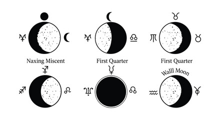 Naklejka premium Illustrative depiction of lunar phases astrological symbols and zodiac signs