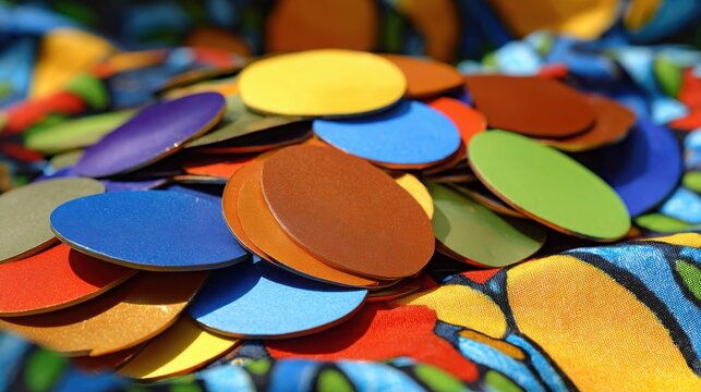 A vibrant pile of brightly colored hollow plastic doubloons scattered across a surface, perfect for games and creative play.