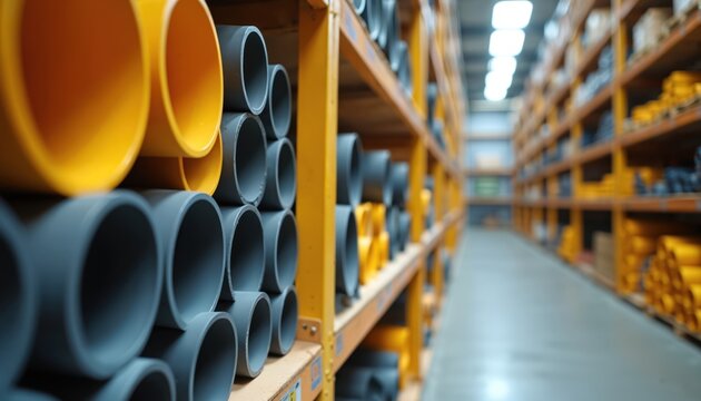 Pipes are neatly stacked on shelves in a warehouse. Yellow and grey plastic tubes fill storage racks. Items are organized for industry supply and construction projects.