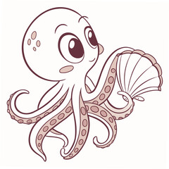 Obraz premium Cute octopus, cartoon sea creature, red line art, vector illustration, ocean animal