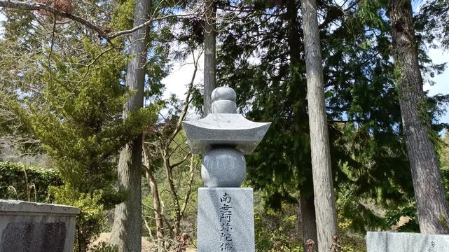 Japanese gravestone in forest cemetery, peaceful traditional burial site in nature