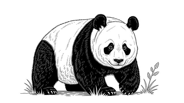 Detailed black and white illustration of a majestic giant panda walking gracefully, showcasing its distinctive fur pattern and gentle nature in a striking graphic design