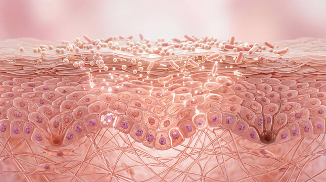 Healthy skin microbiome, close up of skin layers, showing glowing beneficial bacteria and vibrant cells, representing protection, hydration, and natural balance in soft pink tone