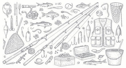 Fishing Gear Collection Sketch - Rods, Reels, Nets, Lures, Bait, Vest, Bucket © rokok