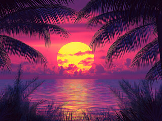 Obraz premium Golden Sunrise Behind Graceful Palm Leaves in Motion