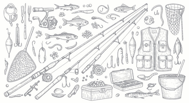 Fishing Gear Collection Sketch - Rods, Reels, Nets, Lures, Bait, Vest, Bucket