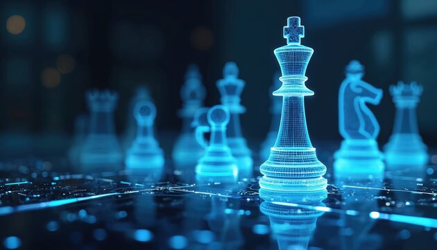 Futuristic wireframe chess pieces glow blue on transparent board over circuit lines. Digital strategy and future business planning concepts for tech innovation.