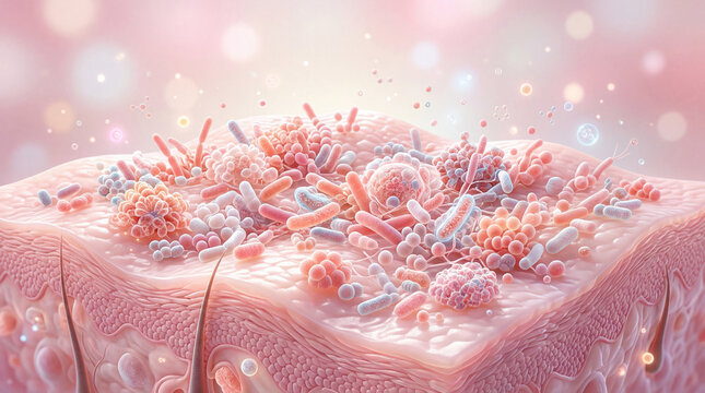 Skin microbiome healthy bacteria diverse microorganism soft pink tone close up dermatology wellness science smooth texture microscopic balance health beauty