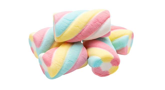 Colorful striped marshmallows for food packaging and dessert design, isolated on white background