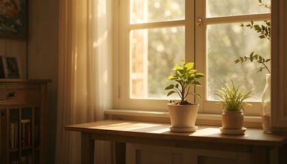 Fototapeta premium Flowers in Pot with Soft Sunlight by Window