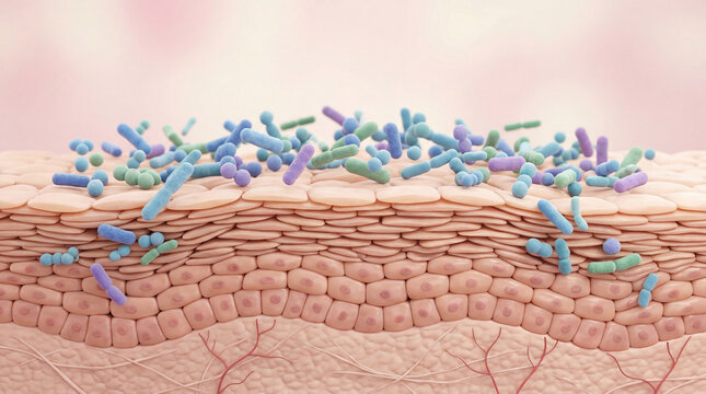 Skin microbiome healthy bacteria on human epidermis, close up cross section showing diverse microorganism, smooth skin texture, pink background, scientific illustration, wellness concept