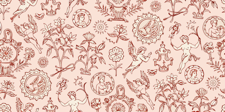 A seamless pattern of vintage illustrations featuring cherubs and floral motifs