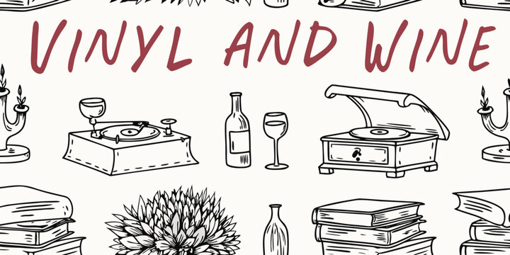A vintage style pattern featuring vinyl records wine and classic objects