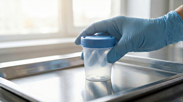 A gloved hand holds an empty medical specimen cup on a sterile metal tray, symbolizing health testing, diagnosis, and clinical laboratory analysis.