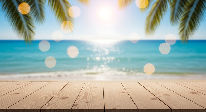 Empty wooden surface table top with blurred tropical background featuring palm leaves, calm turquoise ocean waves, soft bokeh sunlight, and clear blue sky at a serene exotic beach resort.