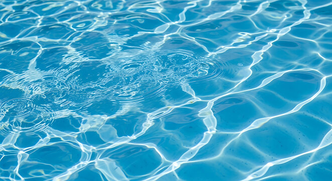 Crystal clear turquoise swimming pool water surface showing shimmering caustic light reflections and subtle ripple patterns for abstract aquatic texture and summer vacation background design.