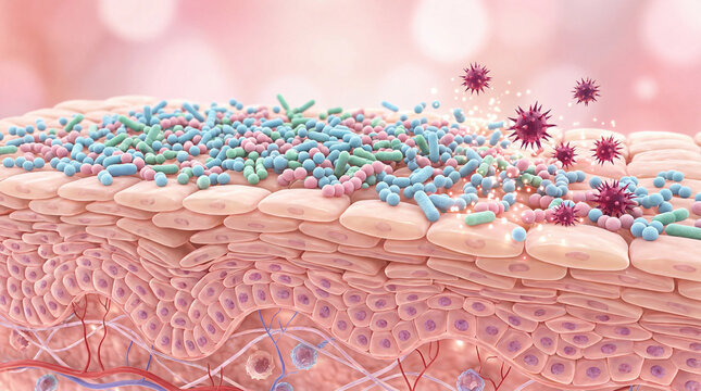 Skin microbiome healthy bacteria protect against harmful pathogen, 3D illustration of diverse microorganism on epidermis layer, showing defense and balance for skincare concept
