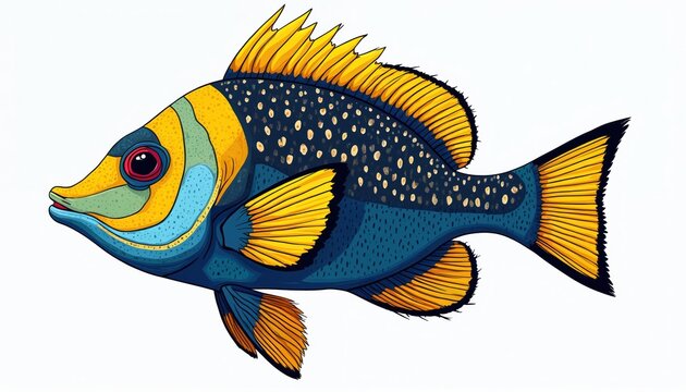 Colorful illustration of Reef Triggerfish, exotic marine species. Vibrant underwater creature with striking yellow fins, body patterns depicted isolated on white background. Detailed scales, eye