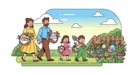 Fototapeta premium Happy cartoon family walking through a sunny spring garden carrying baskets filled with colorful decorated Easter eggs