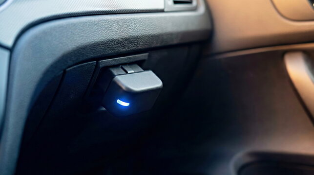 A modern OBD-II telematics device with a glowing blue light plugged into a car's dashboard, symbolizing vehicle data, smart connectivity, and advanced diagnostics.