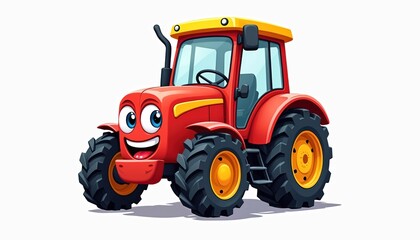 Obraz premium Cute red cartoon tractor with big happy eyes and wide smile. Yellow roof and wheels. Friendly vehicle for kids illustrations and farm themes.